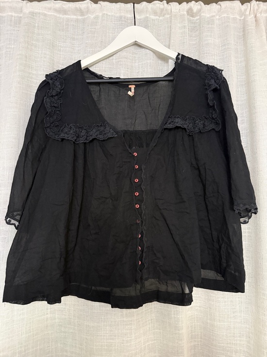 Free People Tops - Free People Black Ruffled Lace-Trim Button Blouse